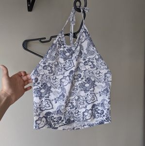 Blue and white floral halter crop top
